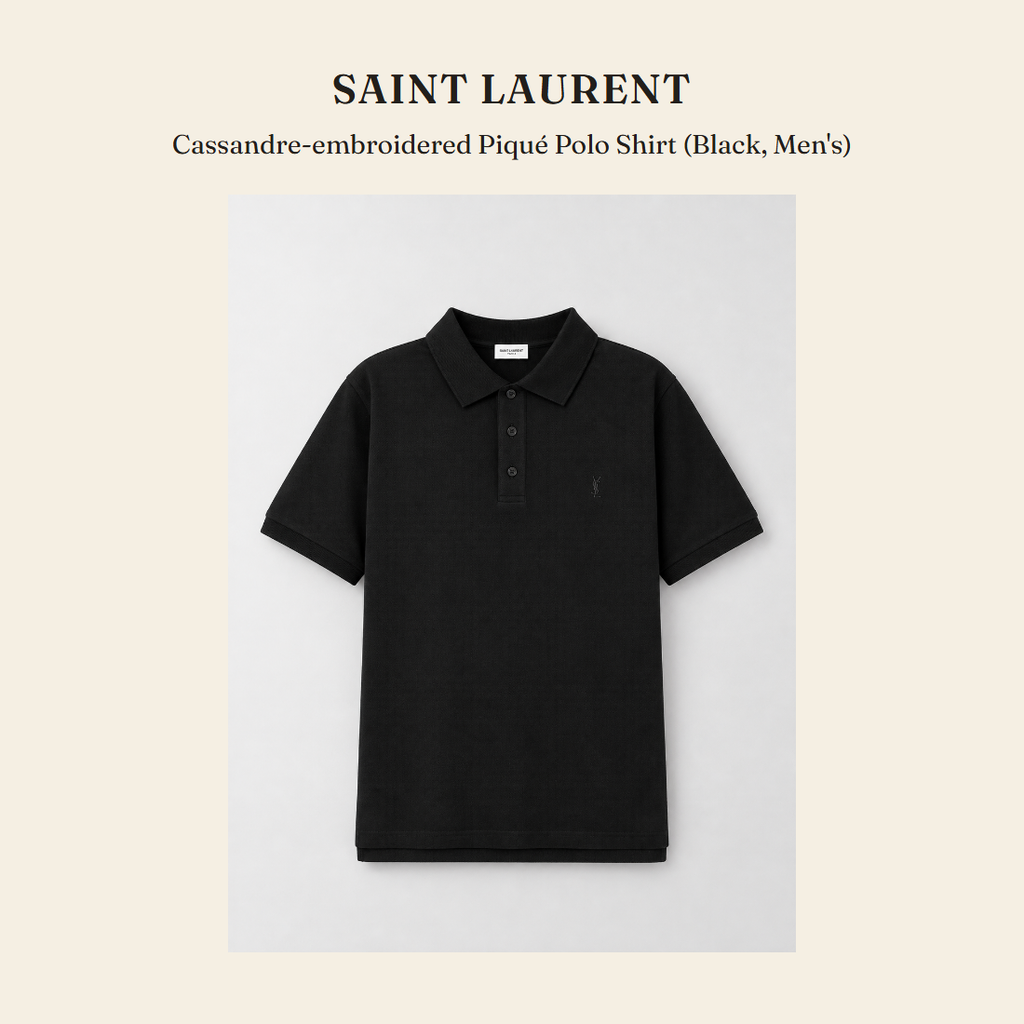 생로랑(Saint Laurent) Cassandre-embroidered Piqué Polo Shirt (Black, Men's) 폴로 셔츠 - 영국 정품 직수입 | Lhea UK(레아영국)
