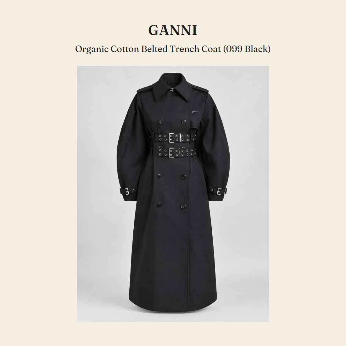 가니(GANNI) Organic Cotton Belted Trench Coat (099 Black) - 영국 정품 직수입 | Lhea UK(레아영국)