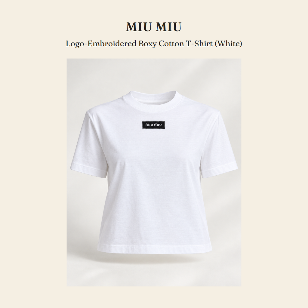 미우미우(Miu Miu) Logo-Embroidered Boxy Cotton T-Shirt (White) - 영국 정품 직수입 | Lhea UK(레아영국)