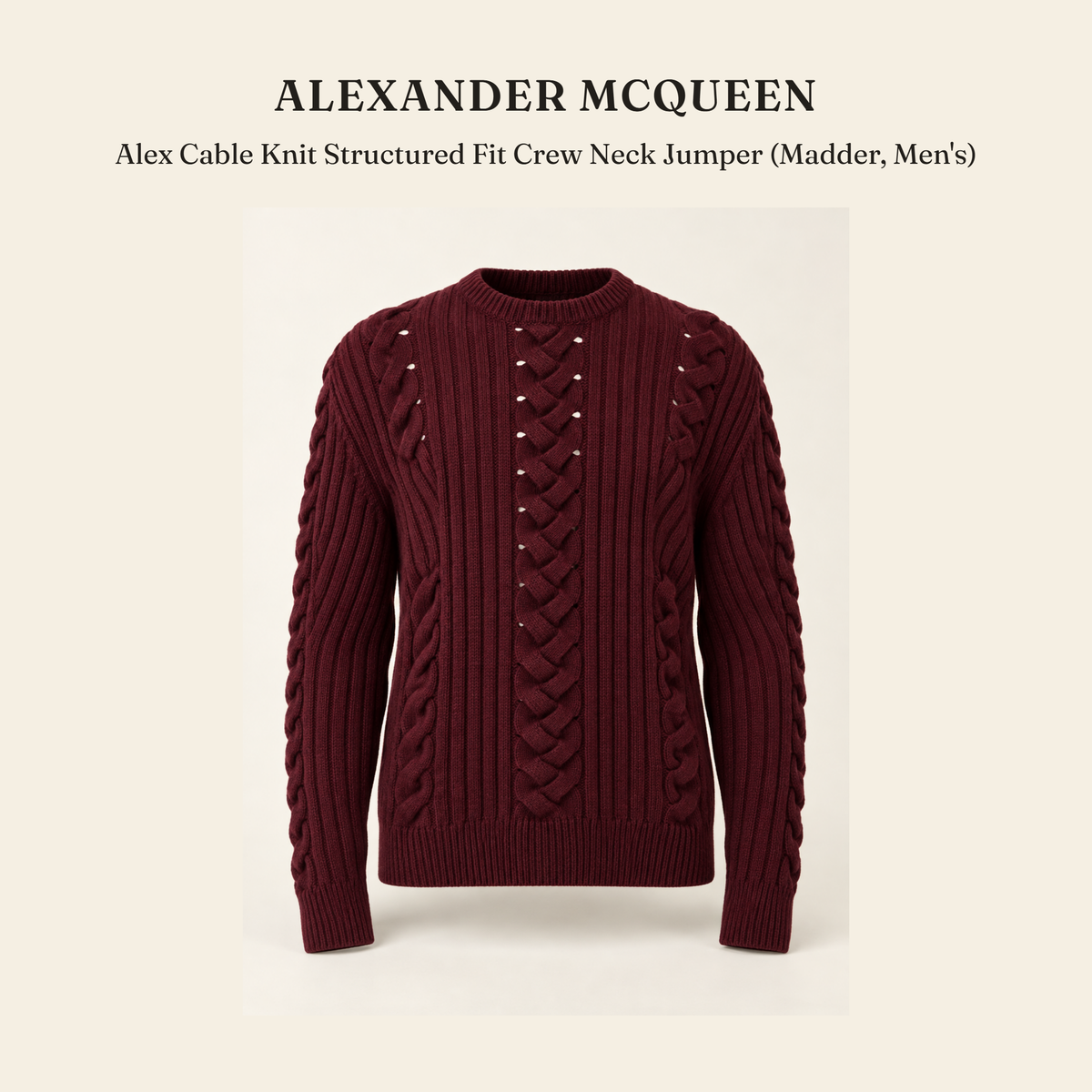 알렉산더 맥퀸(Alexander McQueen) Alex Cable Knit Structured Fit Crew Neck Jumper (Madder, Men's) - 영국직구 정품 | 레아영국
