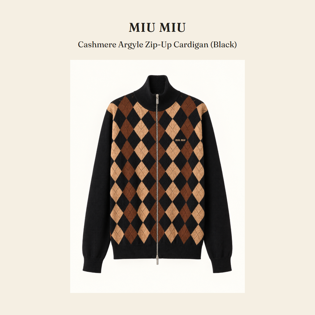 미우미우(Miu Miu) Cashmere Argyle Zip-Up Cardigan (Black) - 영국 정품 직수입 | Lhea UK(레아영국)