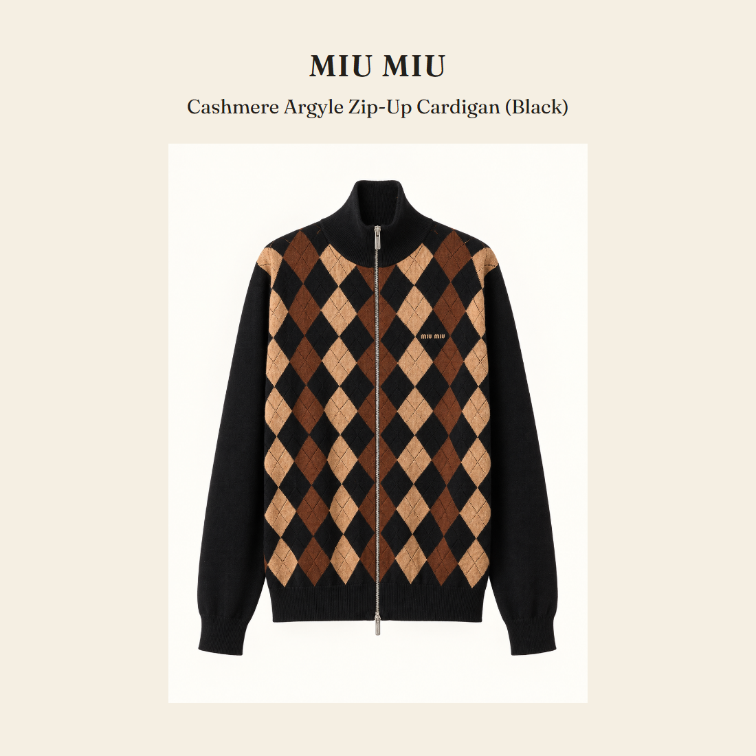 미우미우(Miu Miu) Cashmere Argyle Zip-Up Cardigan (Black) - 영국 정품 직수입 | Lhea UK(레아영국)