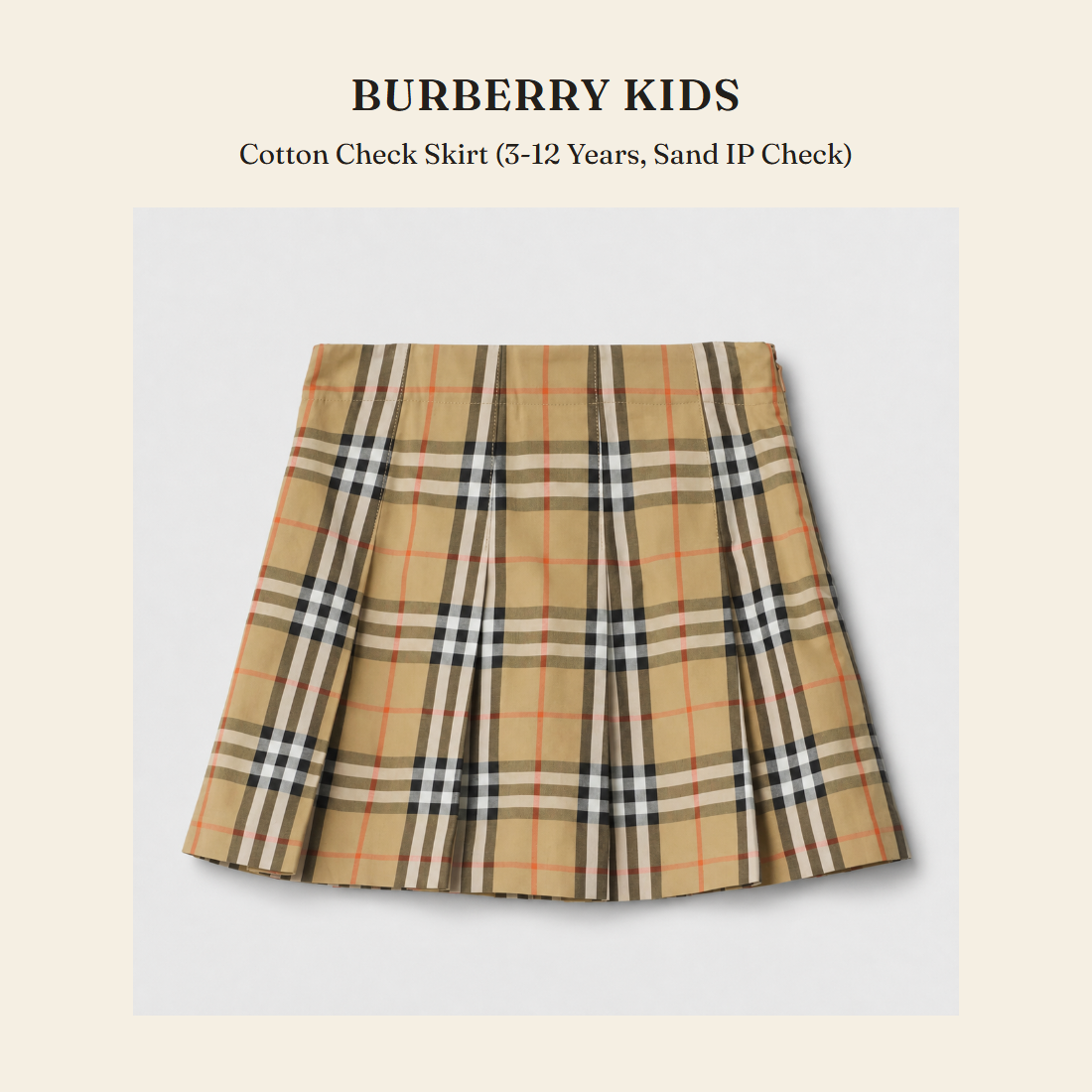 버버리 키즈(Burberry Kids) Cotton Check Skirt (3-12 Years, Sand IP Check) - 영국 정품 직수입 | Lhea UK(레아영국)