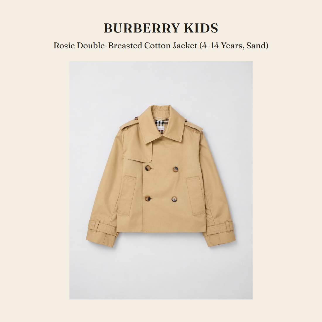버버리 키즈(Burberry Kids) Rosie Double-Breasted Cotton Jacket (4-14 Years, Sand) - 영국 정품 직수입 | Lhea UK(레아영국)
