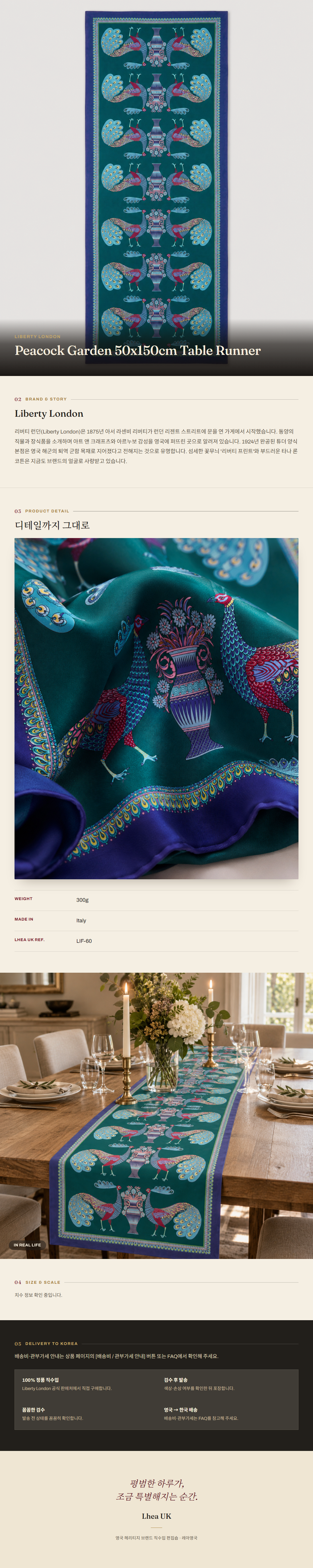 리버티 런던(Liberty London) Peacock Garden 50x150cm Table Runner - 영국 정품 직수입 | Lhea UK(레아영국)